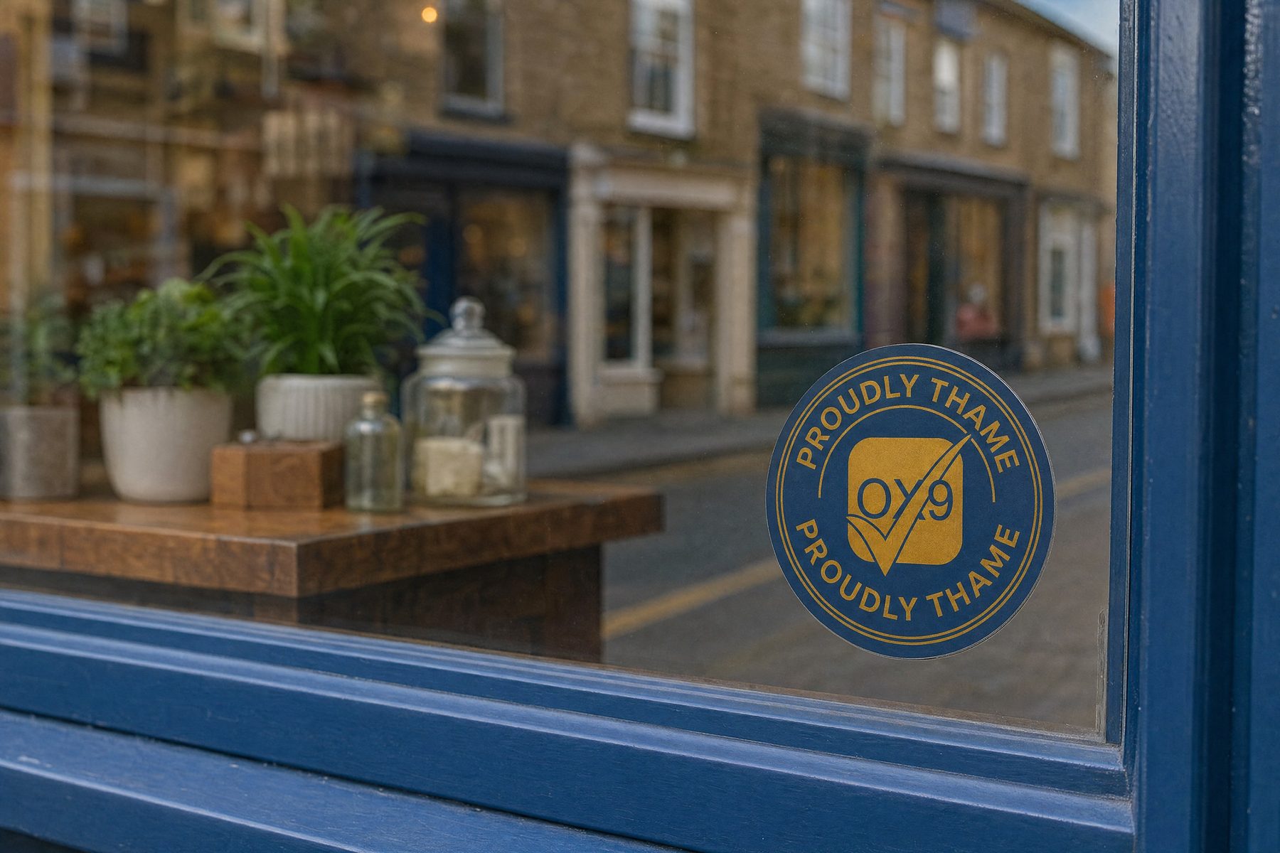 A Proudly Thame decal in the window of an independent shop